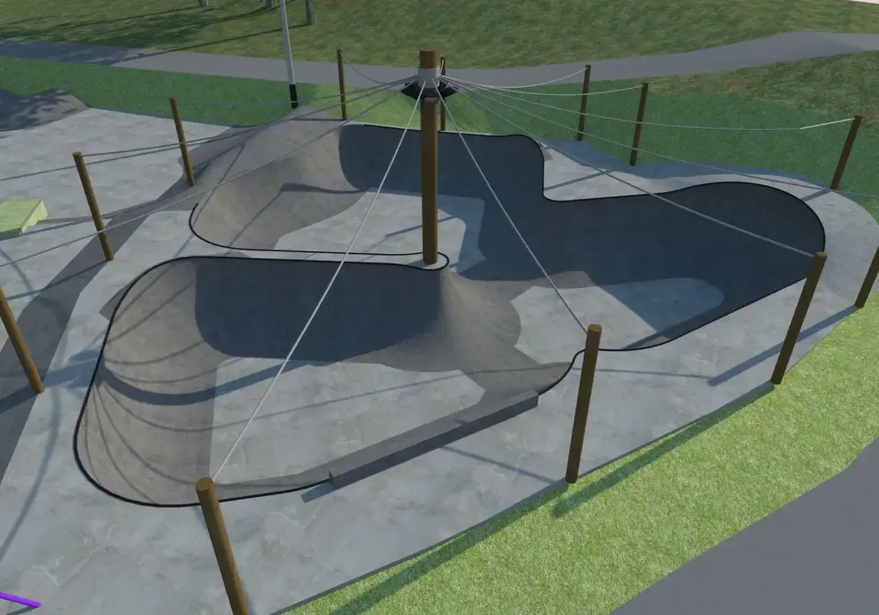 Nowoczesny skatepark w Gdyni, projekt dla inwestora, z betonowymi rampami i elementami do jazdy.