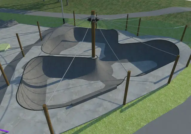 Nowoczesny skatepark w Gdyni, projekt dla inwestora, z betonowymi rampami i elementami do jazdy.