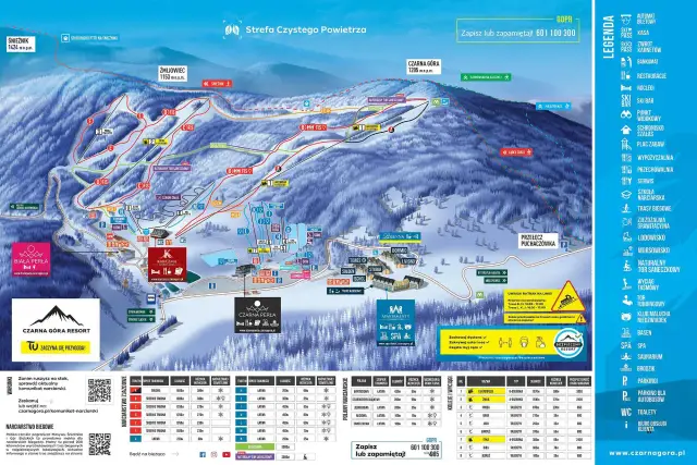 Mapa ośrodka narciarskiego Czarna Góra z zaznaczonym snowparkiem, trasami zjazdowymi i biegowymi, wyciągami oraz infrastrukturą.